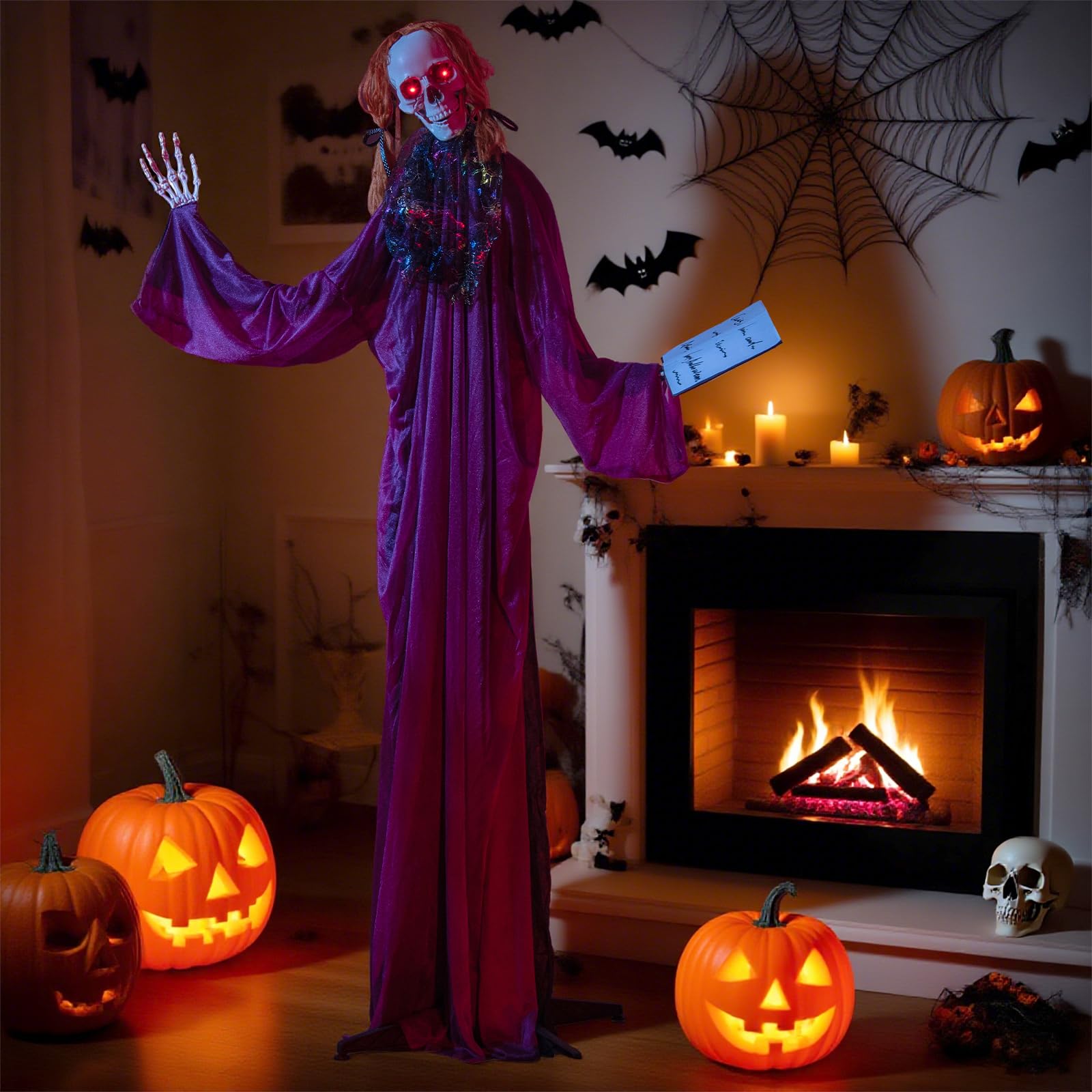 Tangkula Fille Animée d'Halloween de 1,80 m tenant un livre avec son et lumière